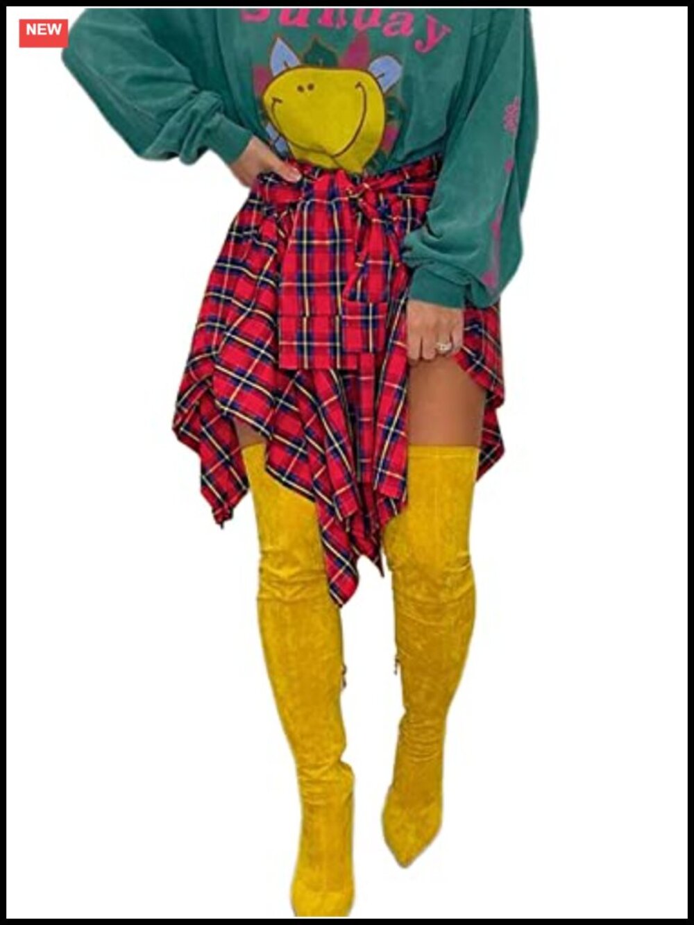 Plaid Print A-Line Mini Skirt with Belt High Waist Irregular Hem Flowy Pleated